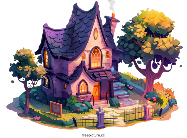 [Transparent Background PNG]Cartoon Illustration Of A Cute Stone House With Purple Roof And Green Trees