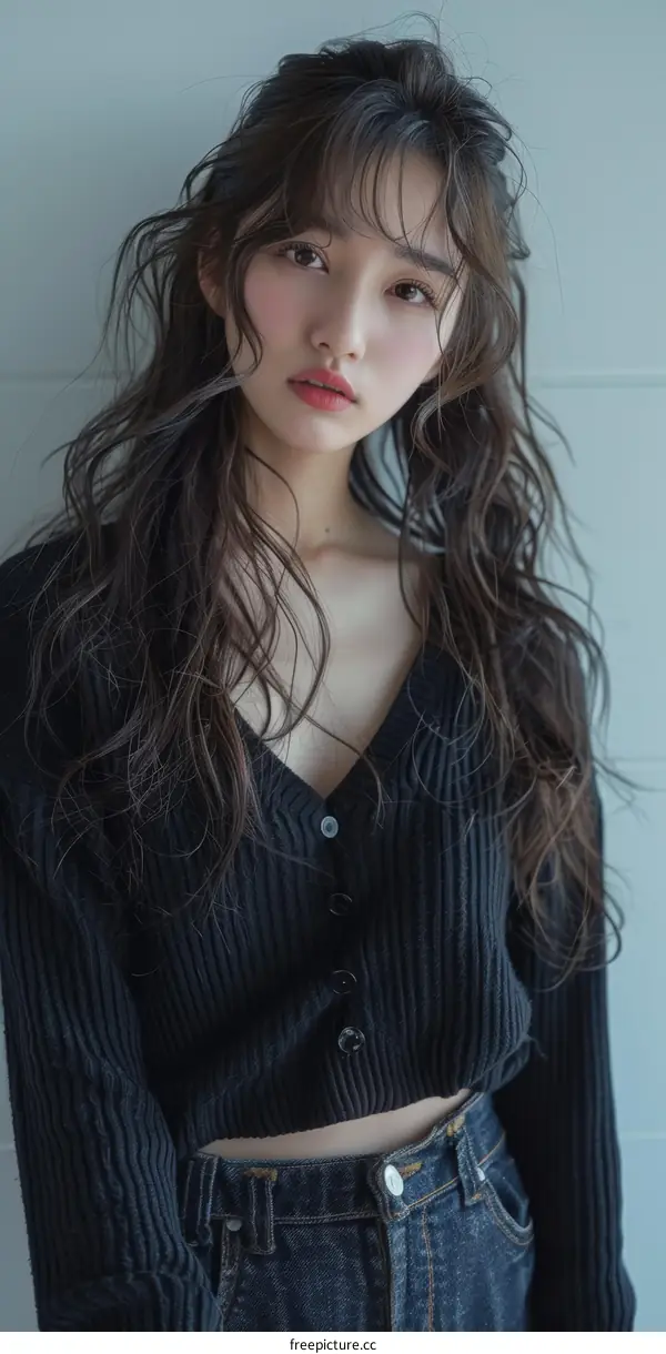 A beautiful Asian woman with long wavy hair