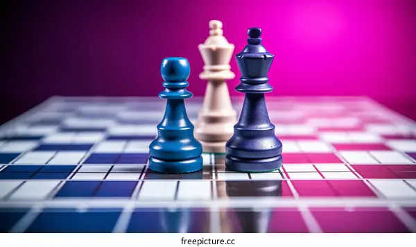 A chessboard with a king, queen, and pawn