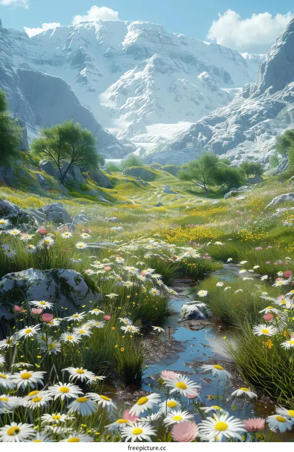 Mountain Meadow with Wildflowers and a Stream