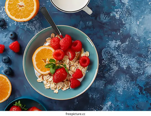 Bowl of Oatmeal With Orange Slices, Strawberries, Raspberries, and Blueberries