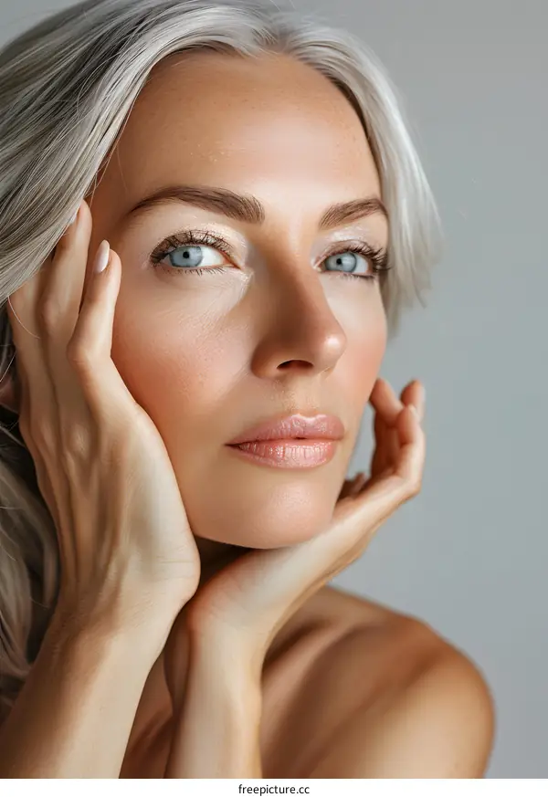 portrait of a beautiful blonde woman with blue eyes and a gentle smile