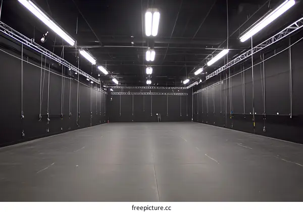 Empty Black Studio with Lighting Grid and Ceiling Lights