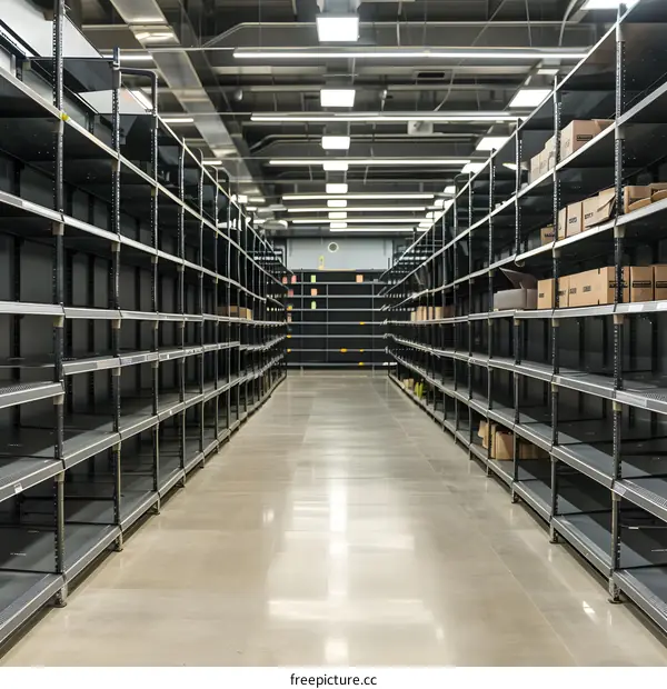 Empty Grocery Store Shelves in a Warehouse