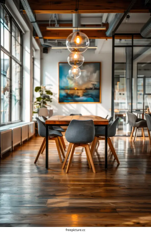 Large conference table in a modern office with large windows