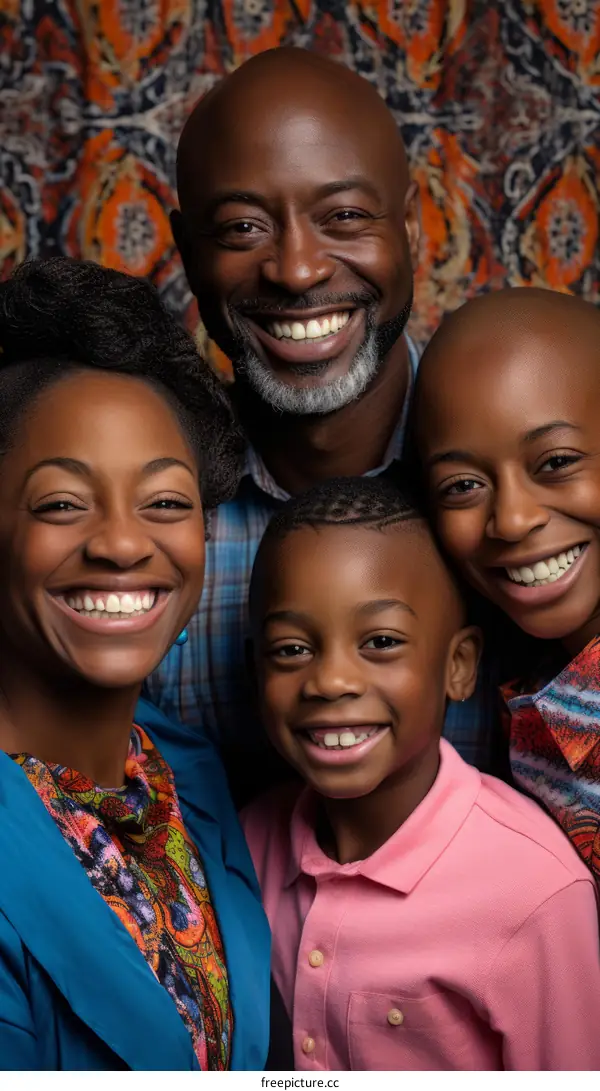 Happy African American family of four posing for a picture