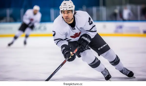 Ice hockey player in white jersey with red maple leaf skates on ice