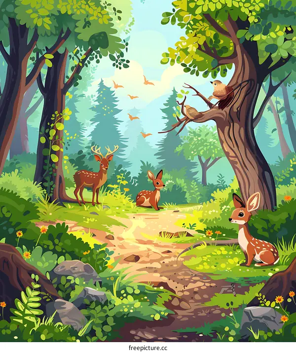 Forest Path with Deer and Birds Illustration