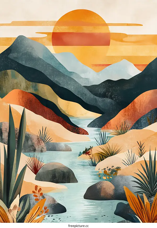 Abstract Mountain Landscape Sunset Illustration