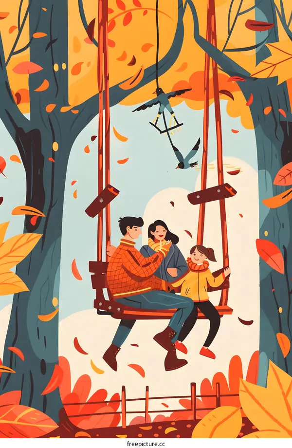 Family Autumn Swing in the Forest Illustration