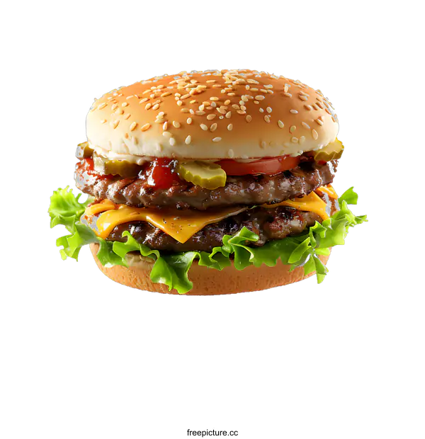 [Transparent Background PNG]Delicious Double Cheeseburger with Lettuce and Pickles