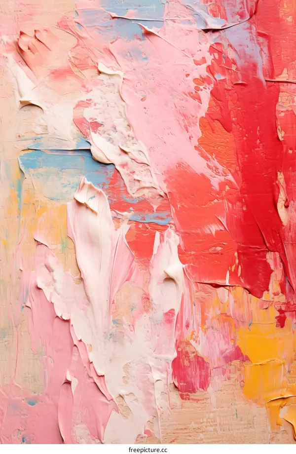 Oil painting with bright red, pink and yellow colors