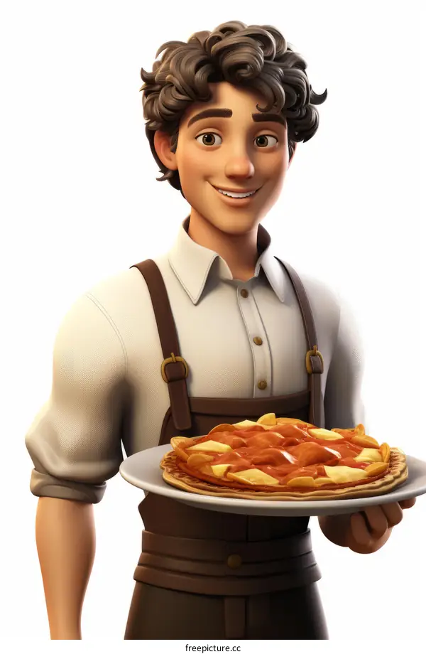 Cheerful cartoon chef holding a plate of pizza