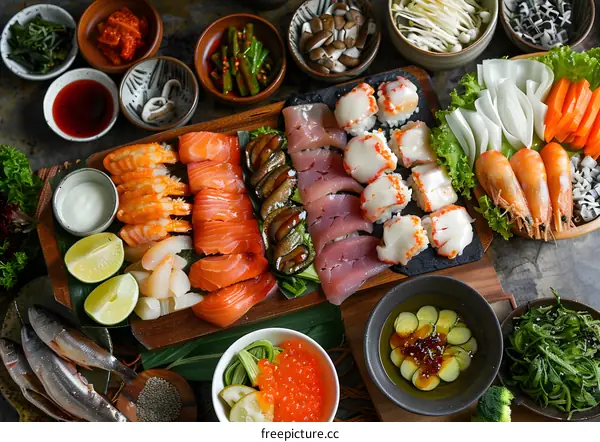 Assortment of fresh seafood and sushi on a table