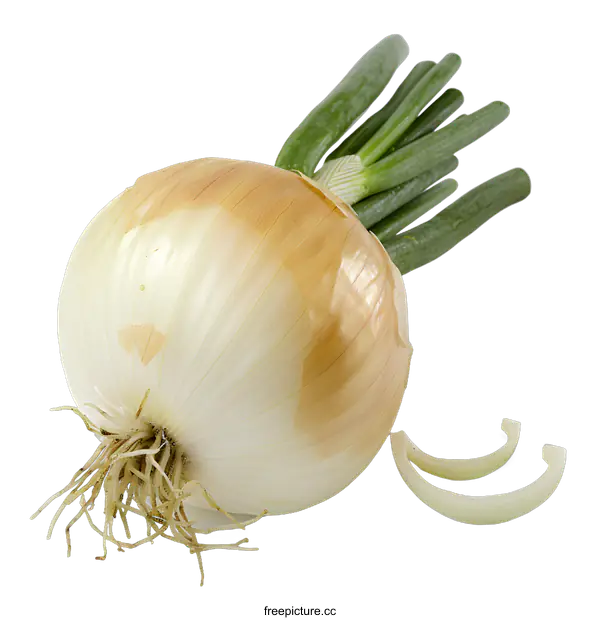 [Transparent Background PNG]White Onion with Roots and Green Sprouts