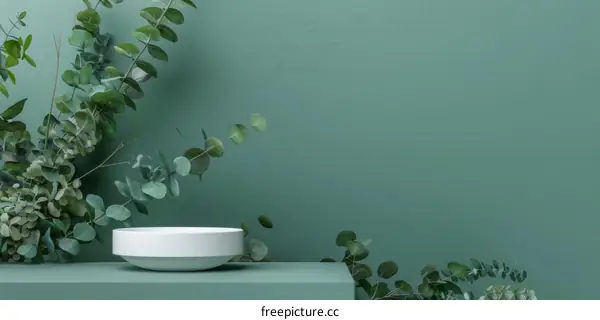 Green and White Podium with Eucalyptus Leaves