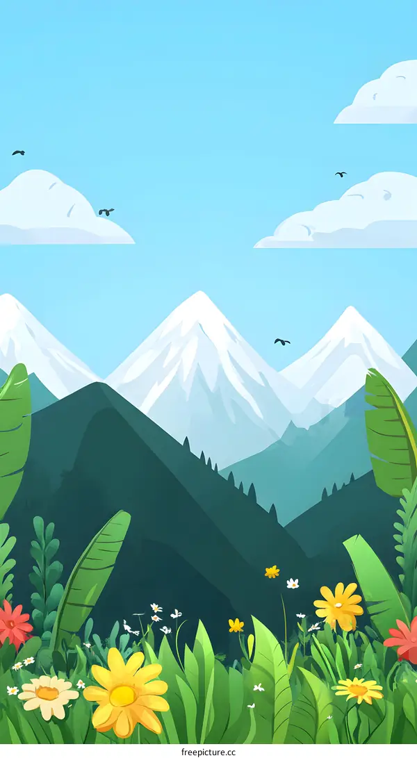 Spring Mountain Landscape Illustration with Flowers and Birds