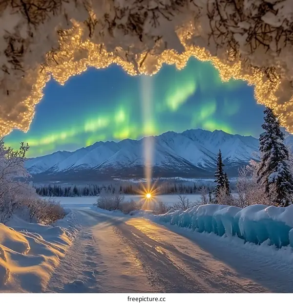 Aurora Borealis Over Snowy Mountain Range with Road in Foreground