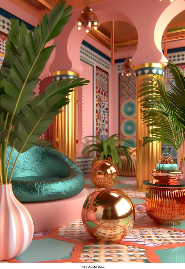 Pink and Green Interior Design with Golden Arches