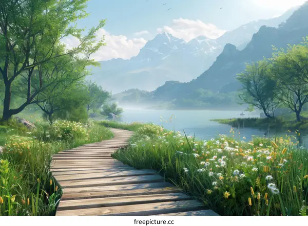 Tranquil Wooden Dock on Serene Lake with Mountain Views