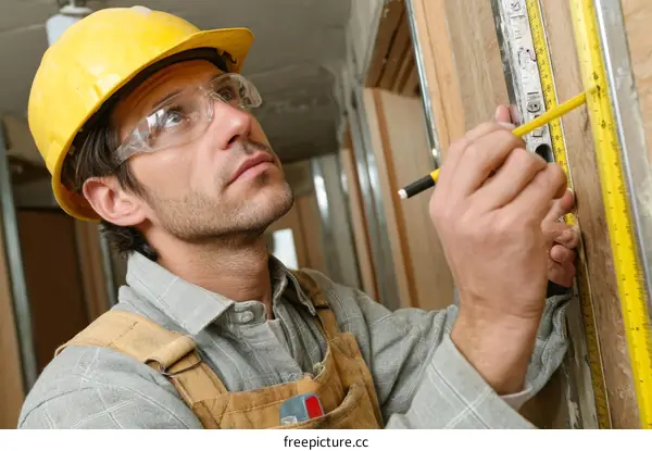 Construction Worker Measuring with Tape Measure and Level