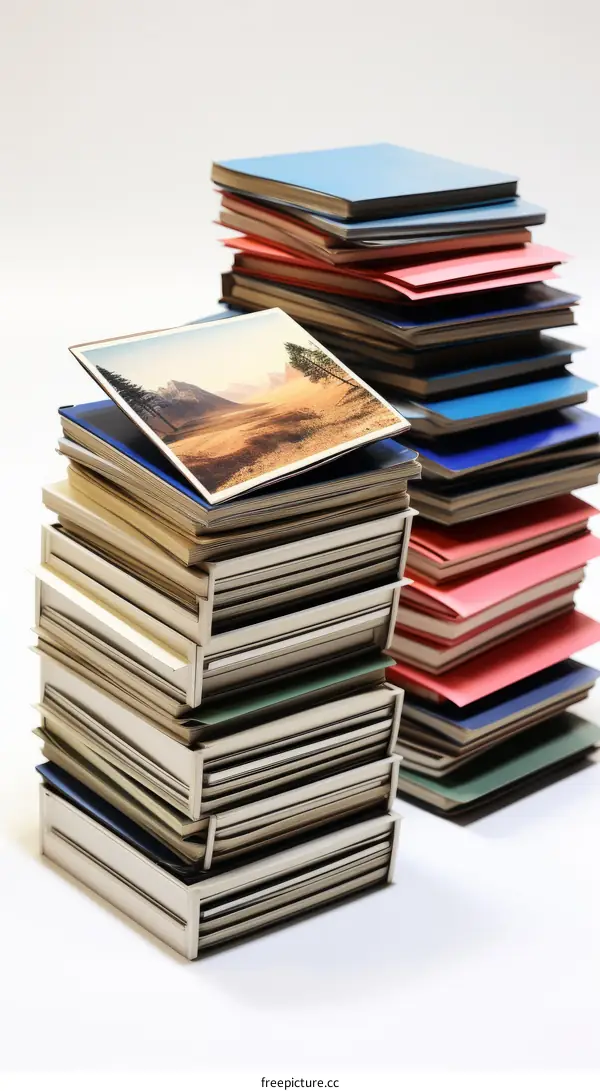 A stack of printed photos next to a stack of books