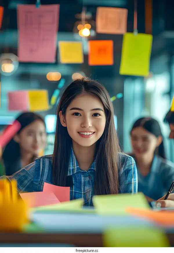 Smiling Asian Woman in a Blue Plaid Shirt at a Desk with Colorful Sticky Notes in a Modern Office Setting