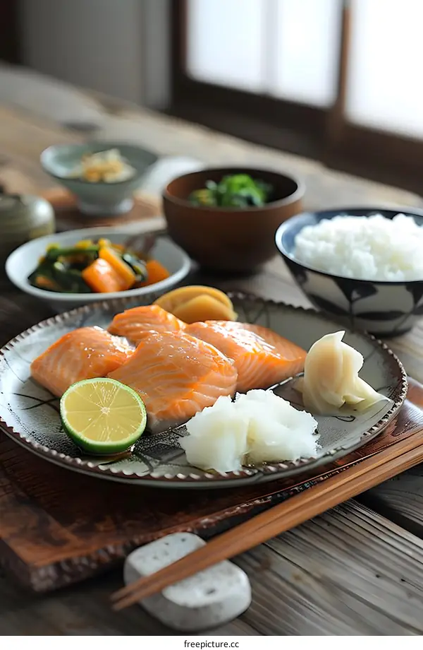 Japanese Salmon Sashimi with Rice and Side Dishes