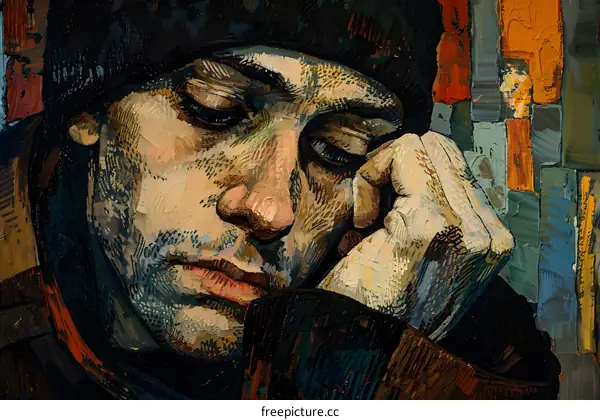 Close Up Oil Painting Portrait Of A Young Man With A Sad Expression