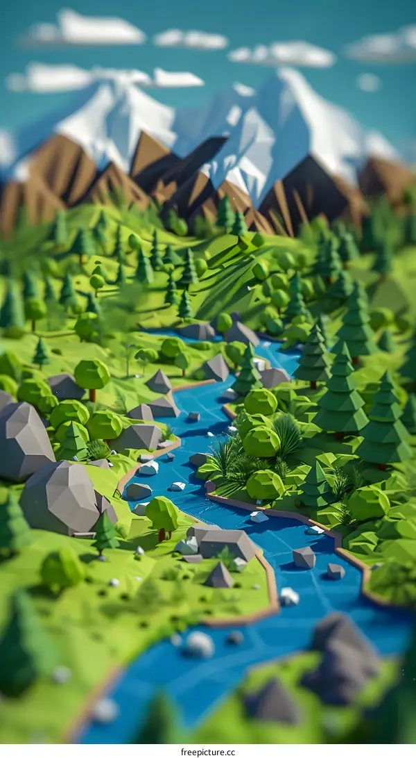 Low Poly Nature River and Mountains