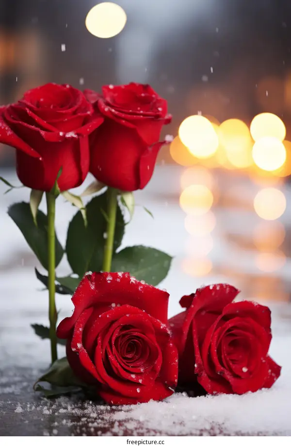 Three red roses with snow