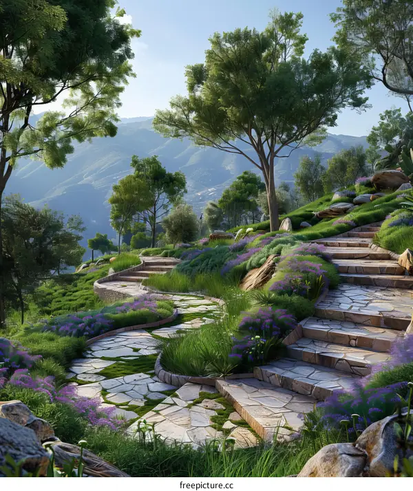 A Picturesque Mountain Landscape Path with Stone Steps