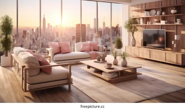 A modern living room with a beautiful view of the city