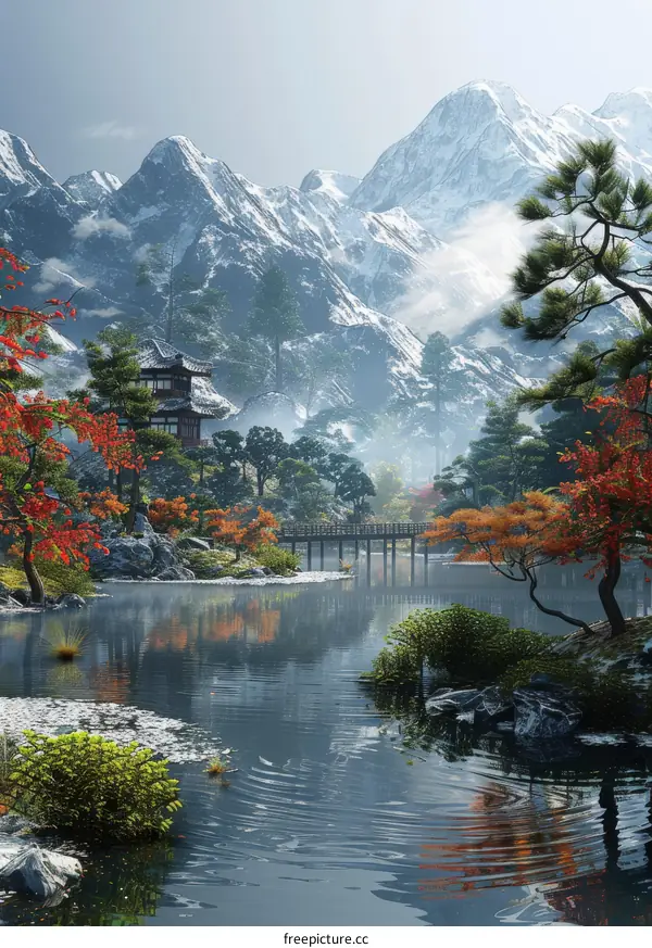 Tranquil Mountain Lake with Snowy Peaks and Autumn Trees