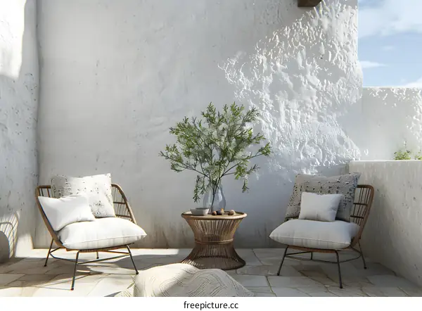 Minimalist Patio With Wicker Chairs And A Table