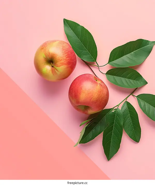 Two Red Apples with Green Leaves on Pink Background