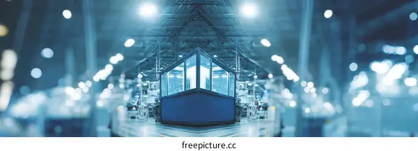 Industrial Manufacturing Facility Interior with Blue Control Booth