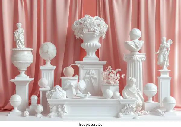 Elegant White Sculptures Displayed Against a Soft Pink Background