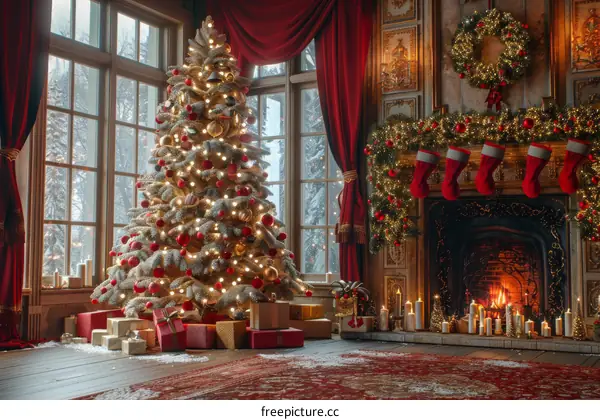 Festive Christmas Tree Decorated in a Living Room
