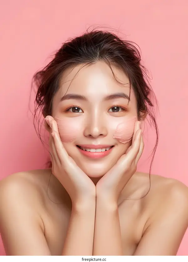 Beautiful Asian Woman with Pink Face Mask Smiling