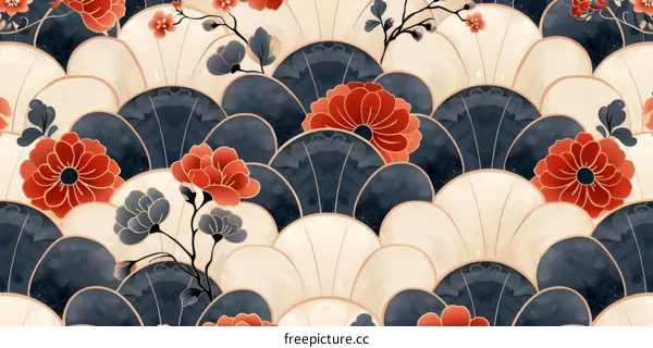 Seamless Japanese pattern with red and blue flowers and waves