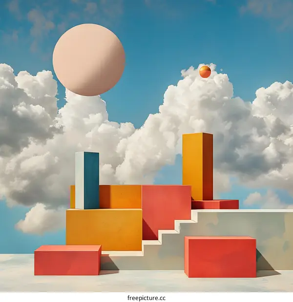 3d rendering of geometric shapes floating in the sky