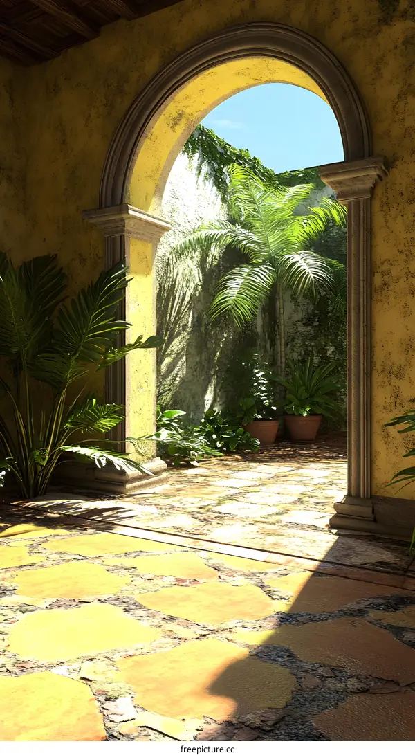Stone Archway Leading to Lush Tropical Garden