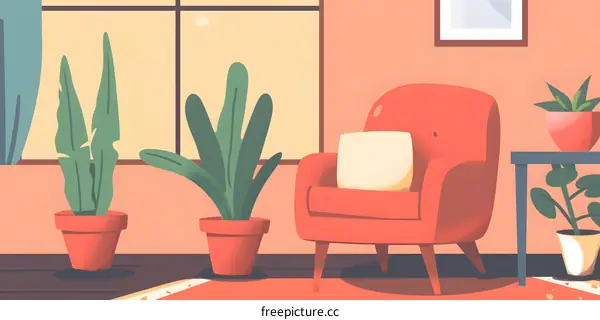 Living Room with Red Armchair, Plants, and a Window