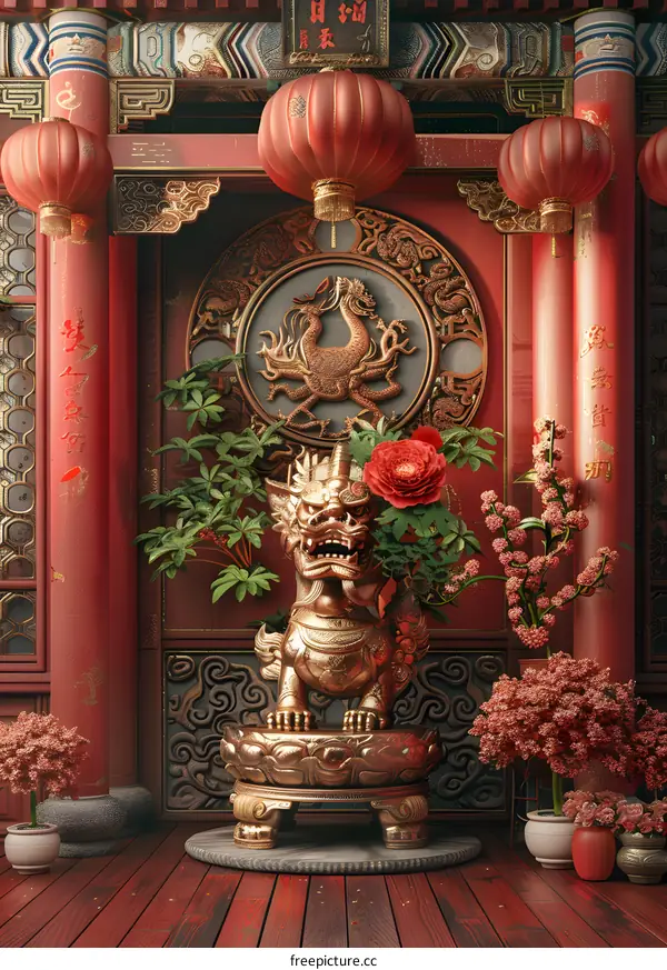 Chinese guardian lion statue with red peony flower