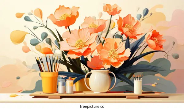 An illustration of a vase of flowers and paintbrushes