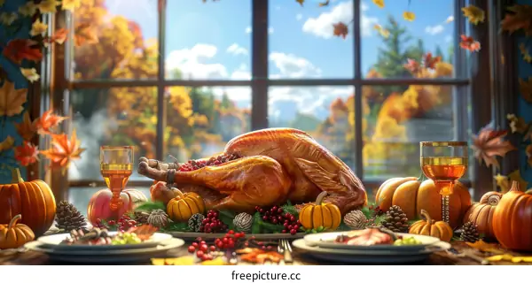 Thanksgiving Dinner Table with Turkey, Pumpkins, and Autumn Leaves