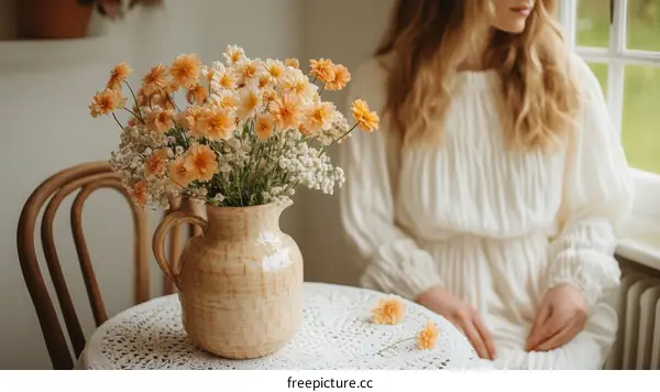 Woman enjoying a beautiful flower arrangement in a vintage style room