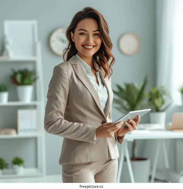 Confident young businesswoman standing in office holding tablet