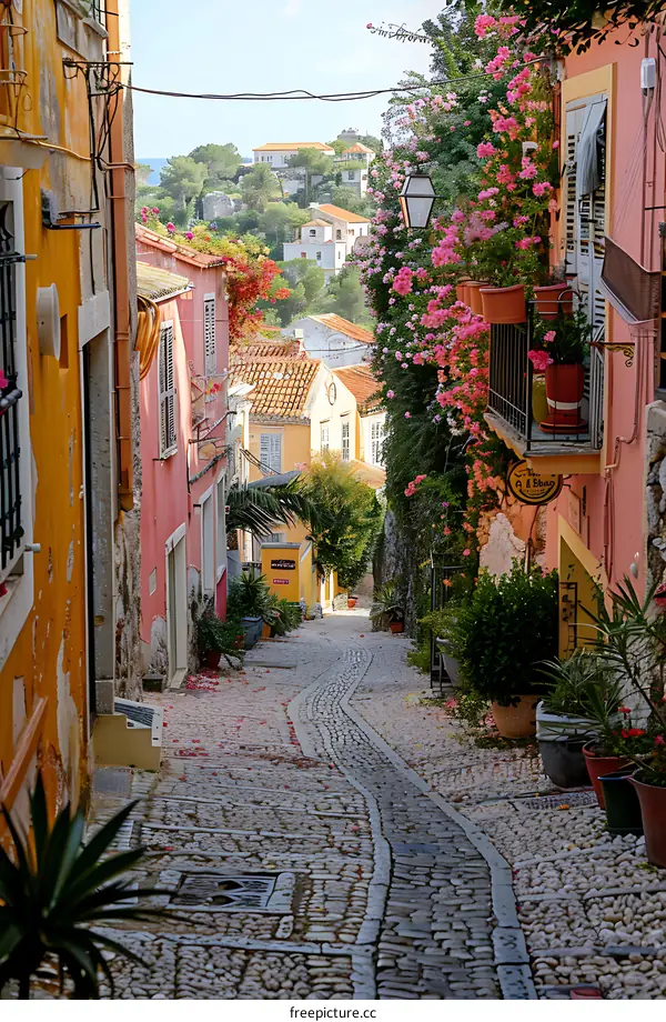 Cobblestone Street in Portugal with Colorful Buildings and Flowers